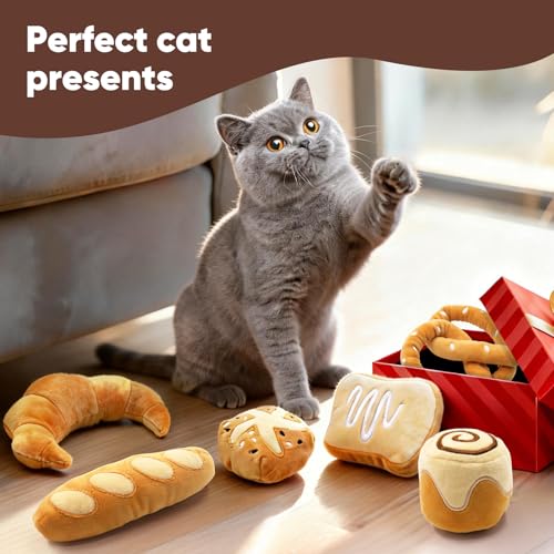 CiyvoLyeen Bread Catnip Toys, Cat Toy for Indoor Interactive Toys, Kitten Chew Bite Kick Toy Baguette Croissant Pretzel Toast Bun Cinnamon Roll Plush Catmint Pet Birthday Presents 6 Pack - color: Bread - 6Pcs