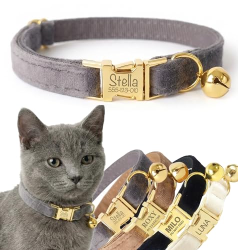 Personalized Velvet Cat Collar with Bell, Custom Engraved Name and Phone Number, Adjustable Luxury Kitten Collar, Non-Breakaway Secure ID Collar for Cats and Kittens - color: Charcoal, size: L