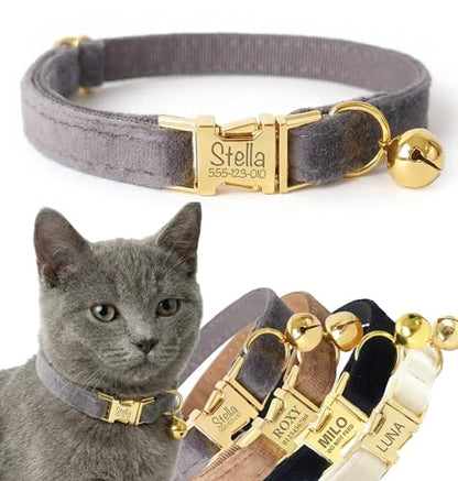 Personalized Velvet Cat Collar with Bell, Custom Engraved Name and Phone Number, Adjustable Luxury Kitten Collar, Non-Breakaway Secure ID Collar for Cats and Kittens - color: Charcoal, size: L