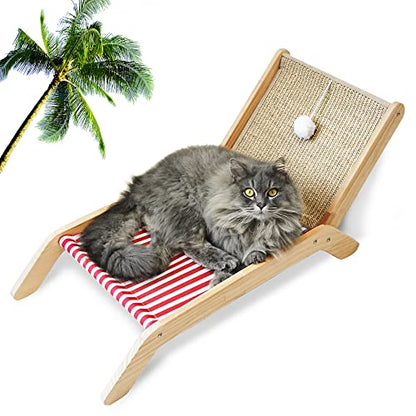 PETKARAY Beach Chair Cat Hammock, Elevated Cat Beds for Indoor Cats, Original Cozy Lounger with Sisal Scratcher and Toy Ball - color: Red