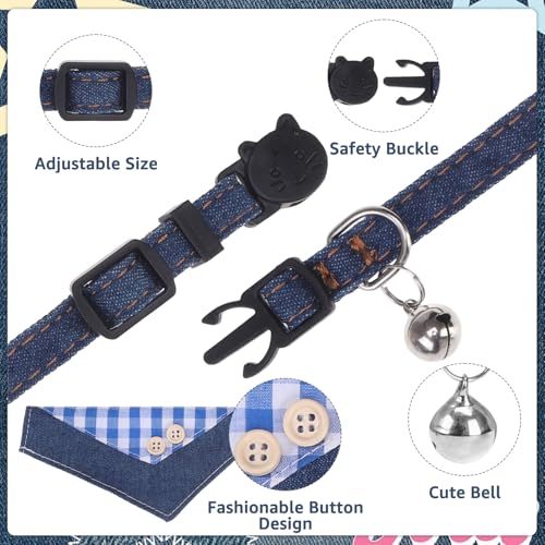 SCENEREAL Breakaway Cat Collar with Bandana Bell, Cute Cat Bandana Collar with Removable Bow Tie for Cats Puppy Kittens Small Dogs, Blue Plaid - color: Blue Plaid