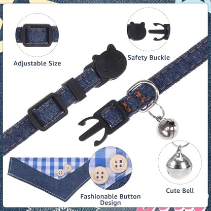 SCENEREAL Breakaway Cat Collar with Bandana Bell, Cute Cat Bandana Collar with Removable Bow Tie for Cats Puppy Kittens Small Dogs, Blue Plaid - color: Blue Plaid