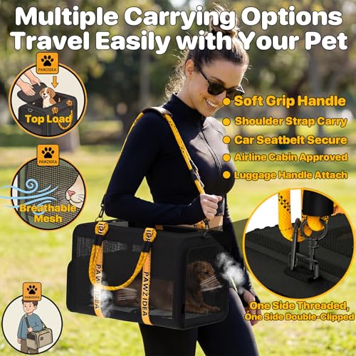PAWZIDEA Expandable Pet Carrier with Wheels, 18"x11"x11" TSA Airline Approved Cat Carrier for 2 Cats Under Seat, Collapsible Soft-Sided Small Dog Rolling Travel Bag with Telescopic Handle, Up to 18lbs - color: Black Warrior-Wheels
