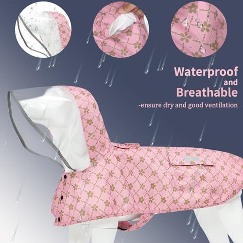 Waterproof Dog Raincoat, Adjustable Reflective Lightweight Pet Rain Clothes with Poncho Hood (Gold Cheery Blossoms Pink, Small) - color: Gold Cheery Blossoms Pink, size: Small(9-13lb)