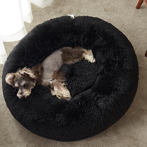 WESTERN HOME WH Calming Anti-Anxiety Donut Dog & Cat Bed, Warming Cozy Soft Round Cushion, Fluffy Faux Fur Plush Cuddler for Small Medium Dogs and Cats - color: Black, size: 27.0"L x 27.0"W x 8.0"Th