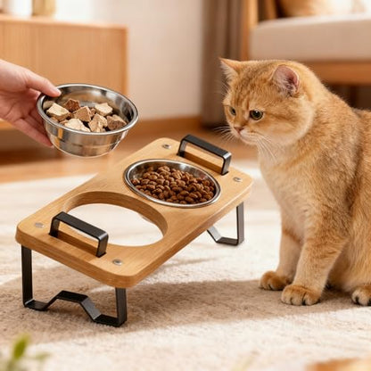 Elevated Cat Bowls with Handles, 15° Tilted 2 Stainless Steel Bowls & Food Mat, Adjustable Height Anti-Vomit Feeder for Easy Cleaning, The for Cat Lovers - Complete Feeding Solution - size: 2 cat bowls