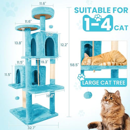 58.5inch Large Cat Tree Tower Condo for Indoor Cats, Soft Plush Multi-Level Climbing Tree Cat House, Scratching Post, More Entrance/Exit, Sisal Rope, Peacock Blue - color: Peacock blue
