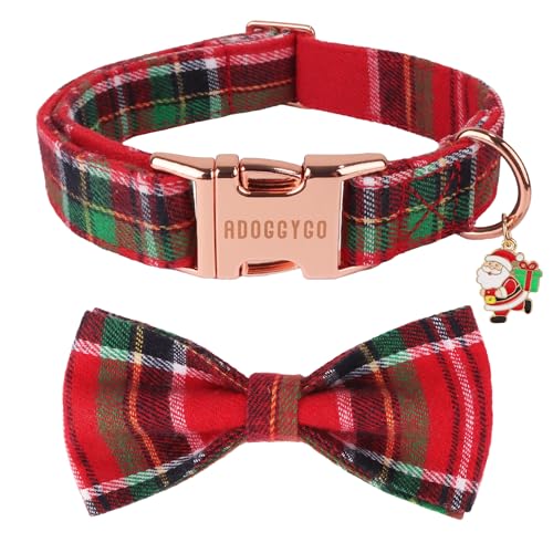 ADOGGYGO Christmas Dog Collars with Bow, Detachable Plaid Bowtie with Charm, Metal Buckle, Adjustable Red Green Plaid Christmas Collars for Medium Dogs Boy Girl (Medium) - color: Christmas, size: Medium