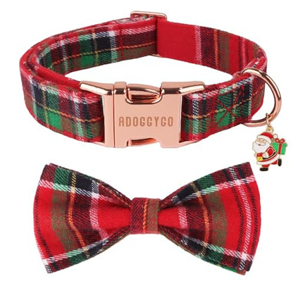 ADOGGYGO Christmas Dog Collars with Bow, Detachable Plaid Bowtie with Charm, Metal Buckle, Adjustable Red Green Plaid Christmas Collars for Small Dogs Boy Girl (Small) - color: Christmas, size: Small
