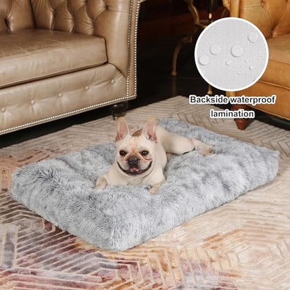 Bedfolks Waterproof Dog Crate Bed With Removable Washable Cover, Plush Faux Fur Pad for Large Dogs, Fluffy Kennel Bed 35"x23", Dark Grey - color: Dark Grey, size: Large(35x23'')