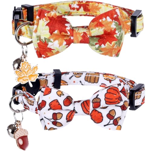 Thanksgiving Day Cat Collar Fall Breakaway with Bow Tie and Bell Autumn Holiday for Kitty Adjustable Safety - color: Maple leaf-bow