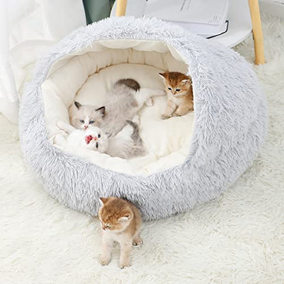 15.8'' Soft Round Plush Faux Fur Pet Bed for Cats or Small Dogs, Anti-Anxiety Cat Bed Puppy Bed, Washable Fluffy Anti-Slip Mute Base, Soft Pet Round Bed, Snooze Sleeping Cozy Kitty Kennel - color: grey