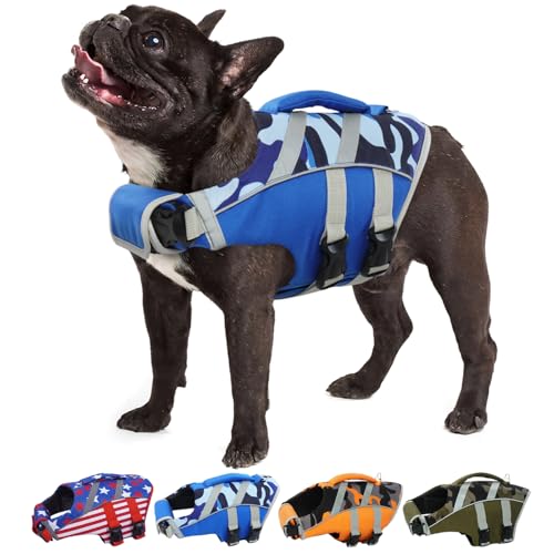 Kuoser Dog Life Jacket with Reflective Stripes, Dog Life Vest for Swimming Boating, Adjustable Pet Lifejackets with High Flotation, Doggie Swimsuit for Small Medium Large Dogs - color: 6#BlueCamo, size: Xs (Chest Girth:12.9-18.1'')