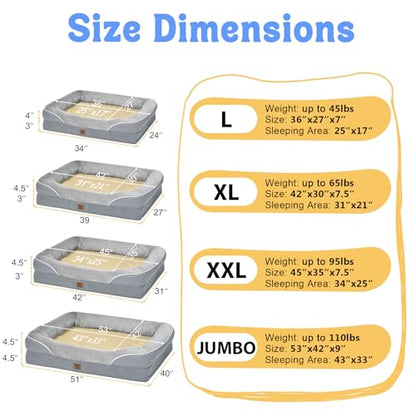 Orthopedic Removable Large Dog Bed -XL Large Dog Bed with Washable Cover and Removable Bolsters Non-Slip Bottom & Waterproof Pet Bed Sofa - color: Silver, size: XL-large (42"L x 30"W x 7.5"Th)