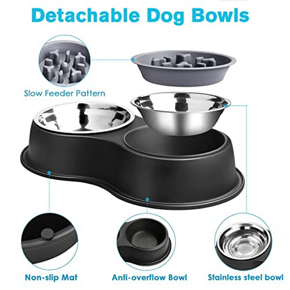 Epetslove Dog Bowls Double Dog Water and Food Bowls Stainless Steel Bowls with Non-Slip Resin Station, Pet Feeder Bowls for Puppy Medium Dogs Cats - color: 2. Slow Feeder, size: Medium-18oz