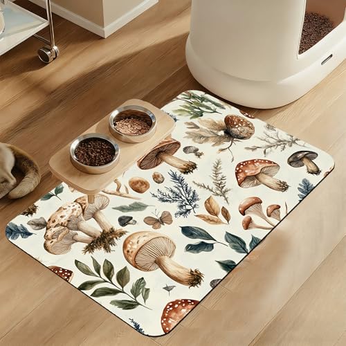 Vintage Mushroom Floral Dog Cat Food Mat–Absorbent Waterproof Placemat for Food and Water Bowls, Non Slip Rubber Backing, Feeding Mat for Clean Floors 16"x24" - color: Vintage Mushroom Floral, size: 16"L x 24"W