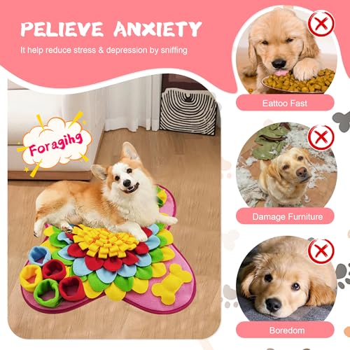 Snuffle Mat for Dogs Pet Treats Feeding for Small Medium Breed Dogs Non-Slip Interactive Dog Puzzle Toys Encourages Natural Foraging Skills - color: Pink Sunflower 20 "x 20"