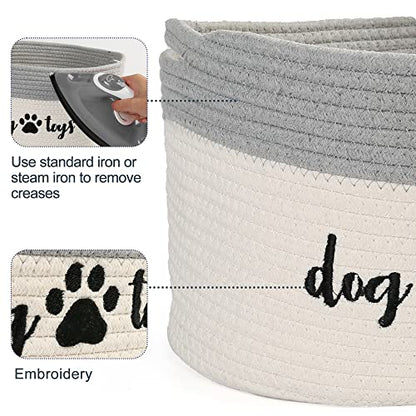 PrimePets Cotton Rope Dog Toy Basket, Small Basket with Handles, Woven Storage Bin for Dogs Pets, 15x10x9 inch Pet Basket Container Holder for Toys, White and Grey