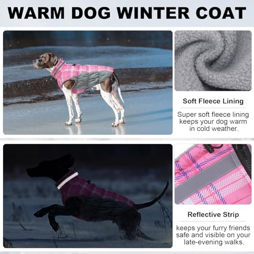 BEAUTYZOO Dog Winter Coat with Harness Built in, Reflective Plaid Puffer Vest Waterproof for Large Dogs, Fleece Warm Puppy Zipped Jacket with D Ring, Pet Cold Weather Sweater Clothes, Pink L - color: Pink, size: Large