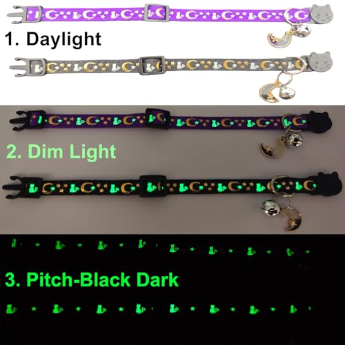 2 Pack Breakaway Cat Collars, Glow in Dark with Bell & Moon Star Pendant, Safety Buckle Kitten Collars Adjustable from 6.9-10.7" (Black/Purple) - color: Black & Purple, size: 6.9 - 10.7 in