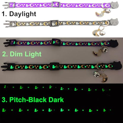 2 Pack Breakaway Cat Collars, Glow in Dark with Bell & Moon Star Pendant, Safety Buckle Kitten Collars Adjustable from 6.9-10.7" (Black/Purple) - color: Black & Purple, size: 6.9 - 10.7 in