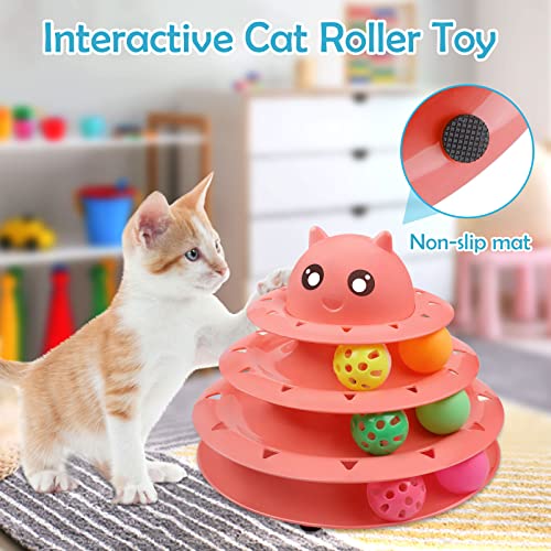 UPSKY 20 PCS Cat Toys - 3-Level Turntable Roller with Balls for Indoor Cats, Kitten Set with Teaser, Mice, Spring, and Various Ball Toys - color: B-20PCS-Red