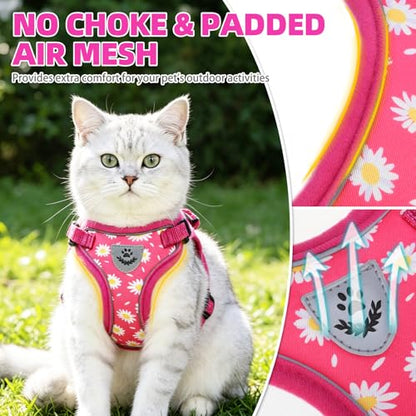 PUPTECK Cat Harness and Leash Set Escape Proof Reflective Cat Walking Harness Adjustable Soft Breathable Mesh Vest for Small Pets, Fuchsia Dasiy, S - color: Fuchsia Daisy, size: S (NECK 9.5"-11", CHEST 13"-16")