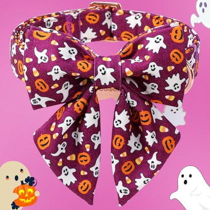 DOGWONG Cotton Fall Dog Collar, Purple Halloween Dog Collar with Bow Cute Purple Pumpkin Dog Collars Puppy Necklace for Female Small Medium Large Dogs - color: deep ghost, size: XS