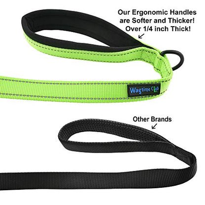 Wagtime Club Double Handle Dog Leash, 6ft Long Heavy Duty Dog Leash with Paded Traffic Handles for Extral Control and Training, Dual Handles Leads, Large Medium Small Dogs (Reflective Neon Green) - color: Reflective Neon Gren