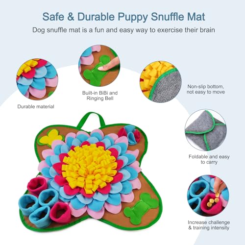 Snuffle Mat for Dogs, 20''*20'' Interactive Foraging Puzzle Blanket, Dog Feeding Mat with Non-Slip Bottom, Foldable Pet Snuffle Mat for Sniffing, Slow Feeding and Stress Release