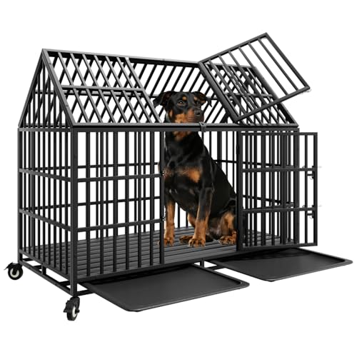 54" Indestructible Heavy Duty Dog Crate, Large Strong Steel Escape Proof Cage Dog Kennel for Large Giant Dogs with 4 Wheels, 2 Trays, 2 Doors, XXL