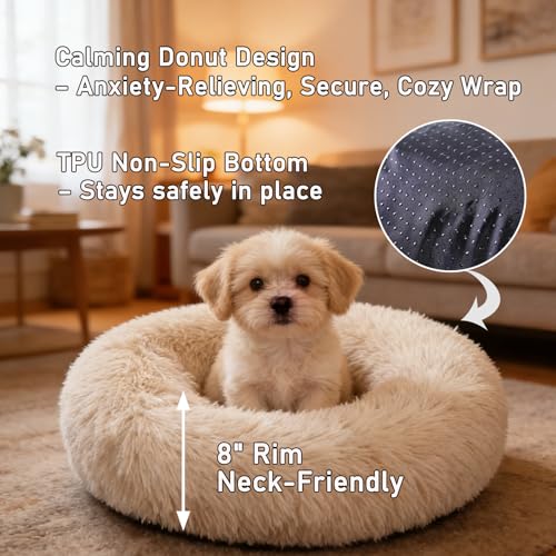 Calming Donut Dog Beds for Small Dogs Cats - Washable Removable Cover Non-Slip Bottom, Round Pet Bed Puppy Bed Warming Fluffy Faux Fur Anti-Anxiety, Fits up to 25 lbs (Beige, 23") - color: Beige, size: 23"L x 23"W x 8"Th