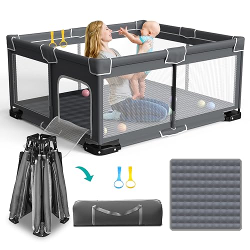 ICAREWAY Foldable Playpen for Babies and Toddlers, 59x71 Inches Portable Playpen, Kids Collapsible Play Pen with 2 Handlers, Indoor & Outdoor Baby Fence Play Area with Visible Mesh, Dark Gray - color: Dark Gray, size: 71"x59"