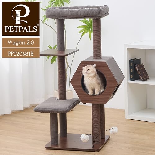 PetPals 5-Level 46.4” Mid-Century Modern Cat Tree with Hexagon Condo, Replaceable Recycled Paper Rope Scratchers, Washable Bed&Toys, Quick Assembly, Ideal for Medium Cats,Dark Brown - color: Dark Brown