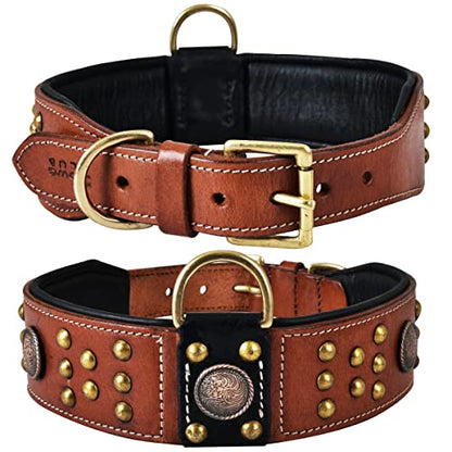 Genuine Leather ‘Cupola’ Series Dog Collar | Celtic Conchos & Gold Dome Rivets | Soft, Cushion Padding, Handmade | Best for Medium, Large, XL Breeds (L (Neck Size 18.5"-22.5"), Sienna Brown) - color: Sienna Brown, size: L (Neck Size 18.5"-22.5")