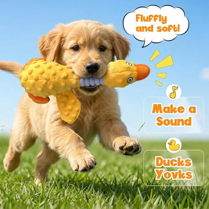Squeaky Dog Toys for Aggressive Chewers, Durable Stuffed Animal Plush Dog Toy with Soft Fabric for Large, Medium & Small Dogs, Interactive Puppy Chew Toy for Teething, Crinkle Duck Dog Toy - Yellow - color: YELLOW