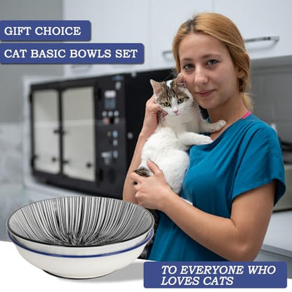 HAPPY KIT 2pcs Ceramic Cat Food Bowls for Indoor Cats Set,5.7 inch Colorful Cute Feeding Plate with Non Slip Mat,8.5oz Cat Dish/Dishes,Wide Shallow Bowl Whisker Friendl - color: Stamen&Line