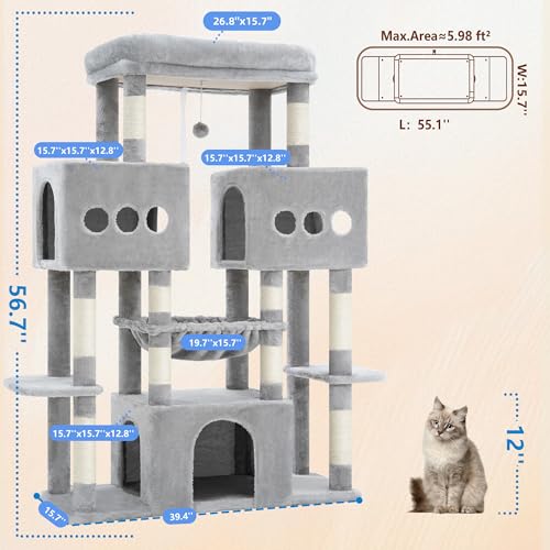 Hey-brother Cat Tree Tower, Large Sisal Scratching Posts with Big Platform, 3 Spacious Condos, Plush Hammock, Toy, 57.5 Inches Multi-Level Furniture for Indoor Adults Maine Coon, Light Gray MPJ083W - color: Light Gray