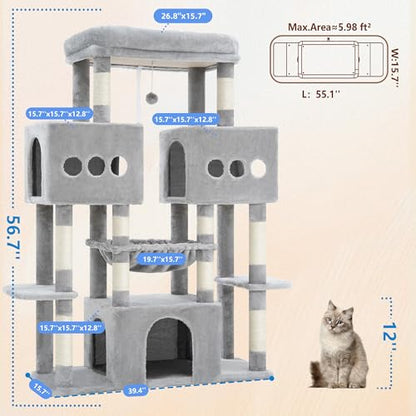 Hey-brother Cat Tree Tower, Large Sisal Scratching Posts with Big Platform, 3 Spacious Condos, Plush Hammock, Toy, 57.5 Inches Multi-Level Furniture for Indoor Adults Maine Coon, Light Gray MPJ083W - color: Light Gray