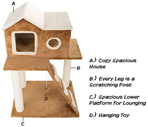 35in Cat Tree with Climb-Up Ladder, Cat Condo, 3 Sisal Rope Cat Scratching Posts, and Hanging Toy - Cat Tower for Indoor Cats by PETMAKER (Brown)