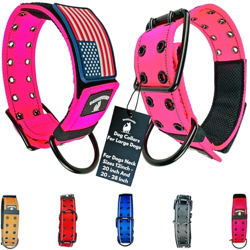 Tactical Dog Collar 2 Inch Wide Heavy Duty with Metal 2-Pin Belt Buckle for Medium, Large & XL Dogs, Thick Military-Style K9 Collar, Reflective, with Name Plate Area, USA Flag Patch, Strong & Durable - color: PINK, size: 12-20 inches