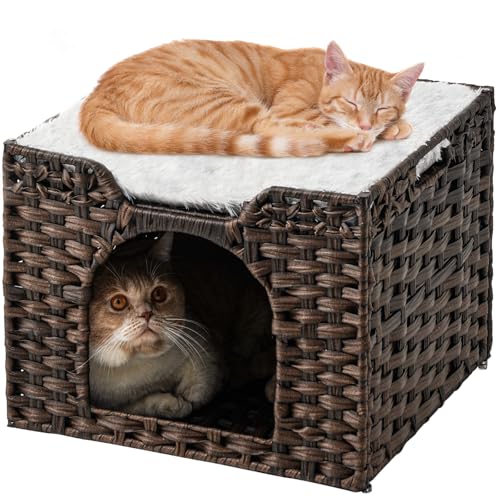 SETVSON Cat Beds Indoor Kitten House, Handwoven Rattan Cat Cave Pet Cube, Large Cat Houses, One Bed Mat, Foldable, Hideaway, 16.5x16.5x13.2 Inches, 2 S-Shaped Hooks in Living Room Bedroom Brown - color: Brown, size: Rectangle-M