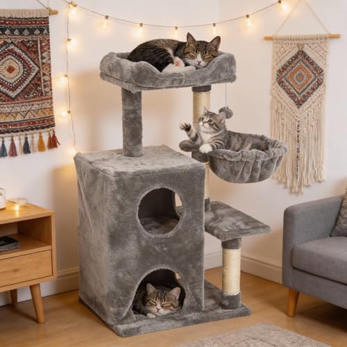 Multi-Level Cat Tree Tower for Large Cats with Scratching Posts, Condos, Perch, Hammocks & Toys, Cat Jungle Gym for Indoor Cats, Ideal for Multi-Cat Households, Gray - color: Gray