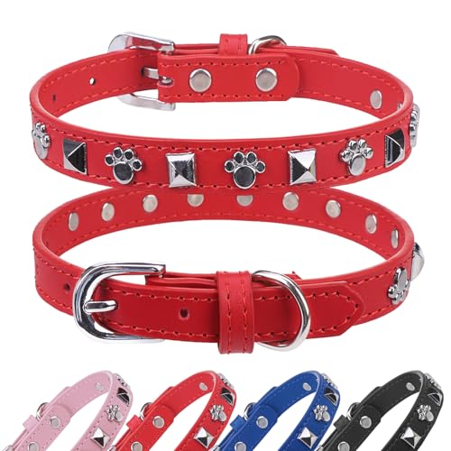 SCENEREAL Leather Dog Collars for Small Medium Dogs with Rivet, Adjustable Studded Cute Dog Collar for Pet Boy Girl Kitten Cats, Bling Spiked Puppy Collars, Red S - color: Red, size: Small (Adjustable Neck 11"-14")