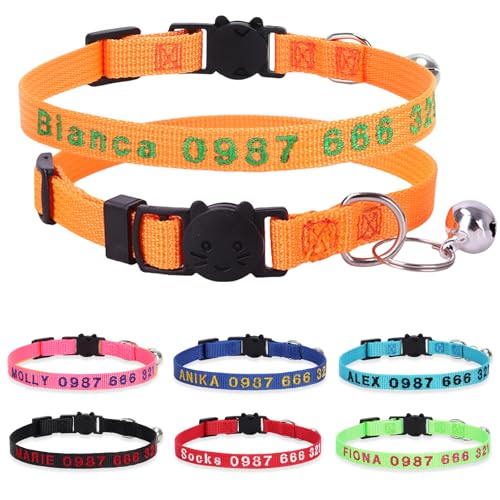 Personalized Cat Collars, Embroidered with Pet Name and Phone Number, Adjustable Nylon Breakaway Safety Release Buckle ID Collar,Custom Text with Bell for Cat or Kitten,Orange - color: Orange