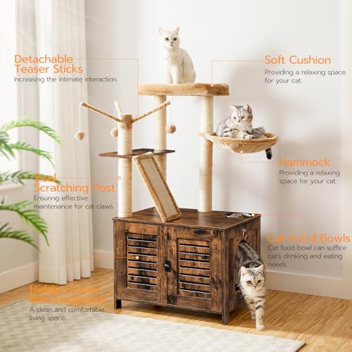 HOOBRO Cat Tree with Litter Box Enclosure, 44" Tall Wooden Cat Tower with Scratching Posts, Cat Hammock, Hidden Litter Box Furniture, All-in-One Indoor Cat Condo, Rustic Brown FG48MZ03 - color: Rustic Brown