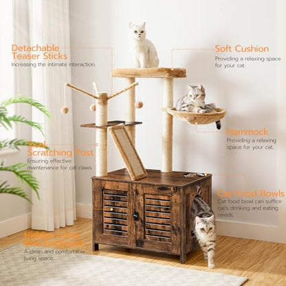 HOOBRO Cat Tree with Litter Box Enclosure, 44" Tall Wooden Cat Tower with Scratching Posts, Cat Hammock, Hidden Litter Box Furniture, All-in-One Indoor Cat Condo, Rustic Brown FG48MZ03 - color: Rustic Brown
