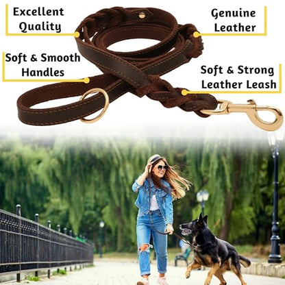 ADITYNA - Double Handle Leather Dog Leash 6ft - Heavy Duty Braided Dog Leash with Traffic Handle - Lead for Training and Walking Medium Large Breeds (Brown, Two Handles 6 Foot x 5/8") - color: Brown, size: Two Handles 6 foot x 5/8"