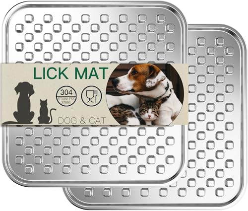 2Pack Dual Wall Stainless Steel Large Lick Mat for Dogs & Cats, Chew-Proof Slow Feeder, Anxiety Reducer, Whisker-Friendly for Cats, Non-Slip Heavy Duty Base, Raw Feeding Pad, Dishwasher Safe - color: Large-2Pack