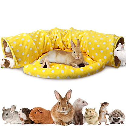 BWOGUE Bunny Tunnel Bed, 2-in-1 Collapsible Tunnel Tubes Toys with Removable Mat Hideout for Cats Kittens Rabbits Guinea Pigs Kitty - color: Yellow